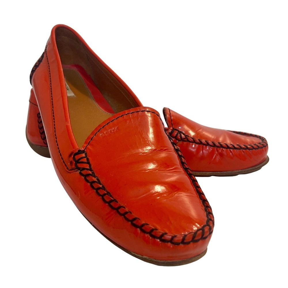Geox Loafers Women 9.5 Orange Patent Leather Whipstitch Driving Shoes Italy Made